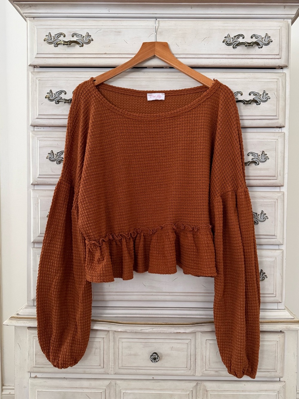 Pink Lily Tan Waffle Babydoll Top - Picture 2 of 4